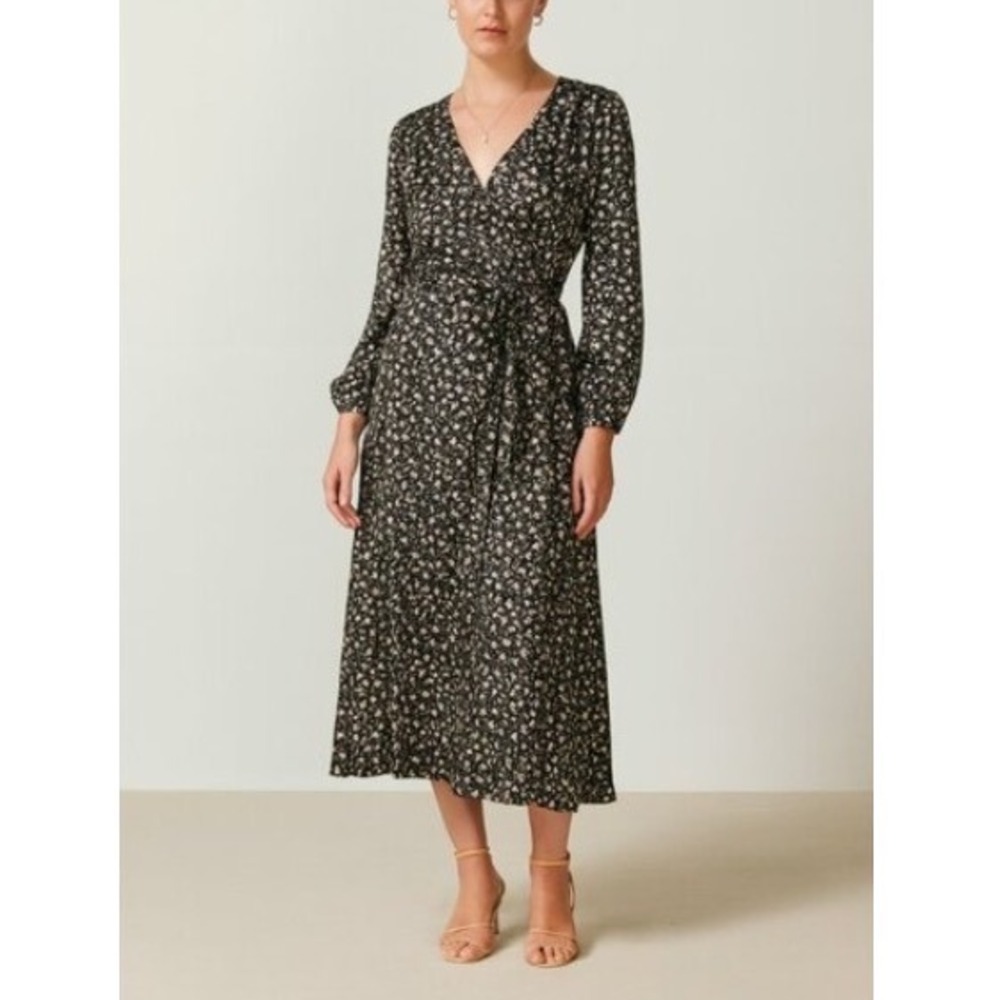 Merlette Ilya Floral Wrap Midi Dress Long Sleeve Pima Cotton Black Deco Print XS
